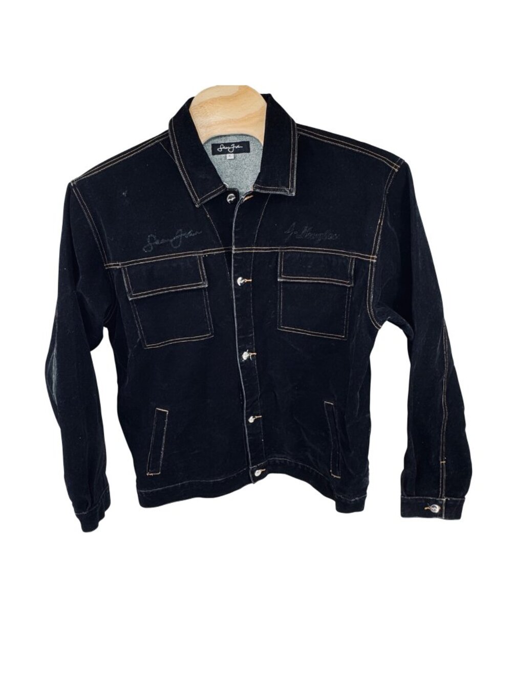 Sean John Hammer Loop Jacket Mens XL Black Velour Denim Style Y2K Embroidered